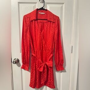Trina Turk Silk Leopard Print Wrap Dress Orange-Red Tie Waist | Size 8